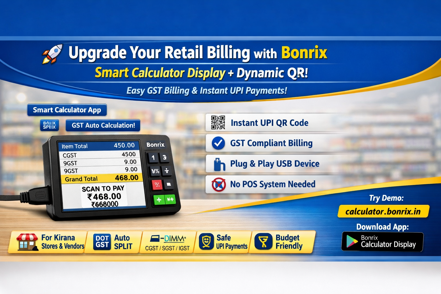 Bonrix 3.5 inch USB Calculator Display with Dynamic QR Code for Small Retailers